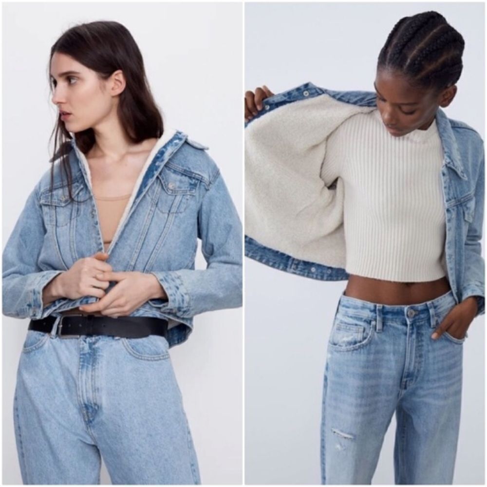 Zara light wash denim jean jacket with white cream sherpa lining